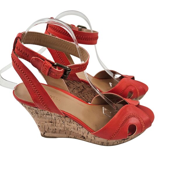 Nine West Sandals Womens Size 8.5M Coral Peep Toe Wedge Ankle Strap Faux Leather - Picture 4 of 9